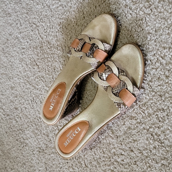 Sesto Meucci Shoes - Sesto Meucci Tan Brown Snake Metallic Leather Slides Sandals Wedges Heels